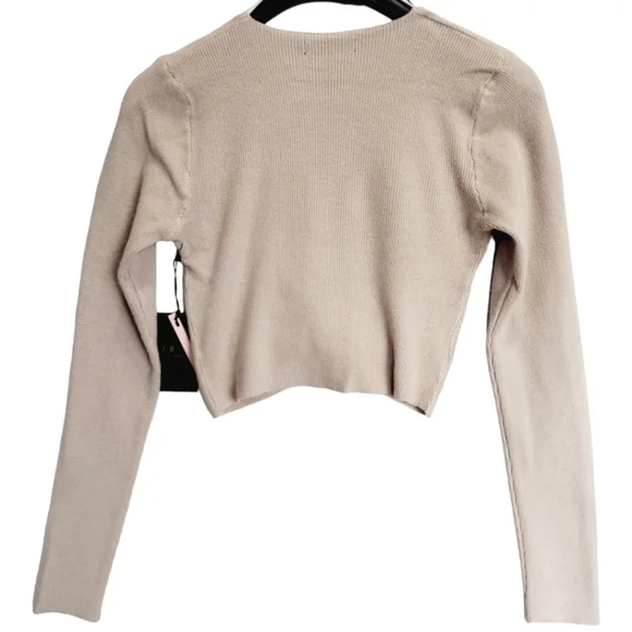 Crop Sweater Womens Small Taupe Knot Front Cropped V Neck Long Sleeve New - Picture 6 of 12